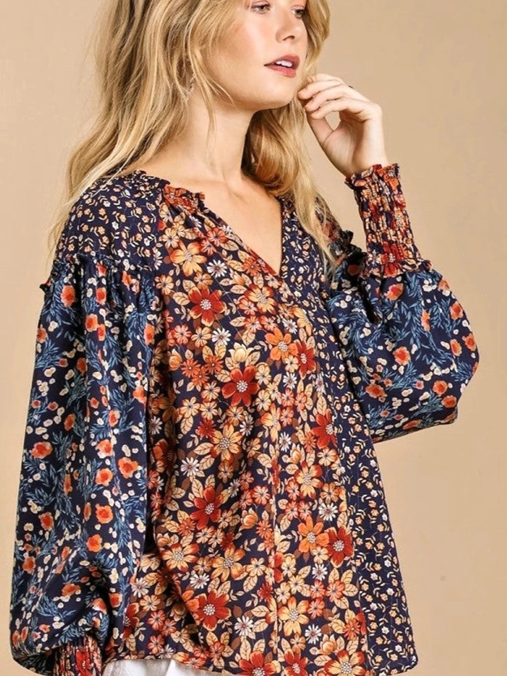 Umgee Patchwork Floral Boho Blouse XL Mixed Print Peasant Top